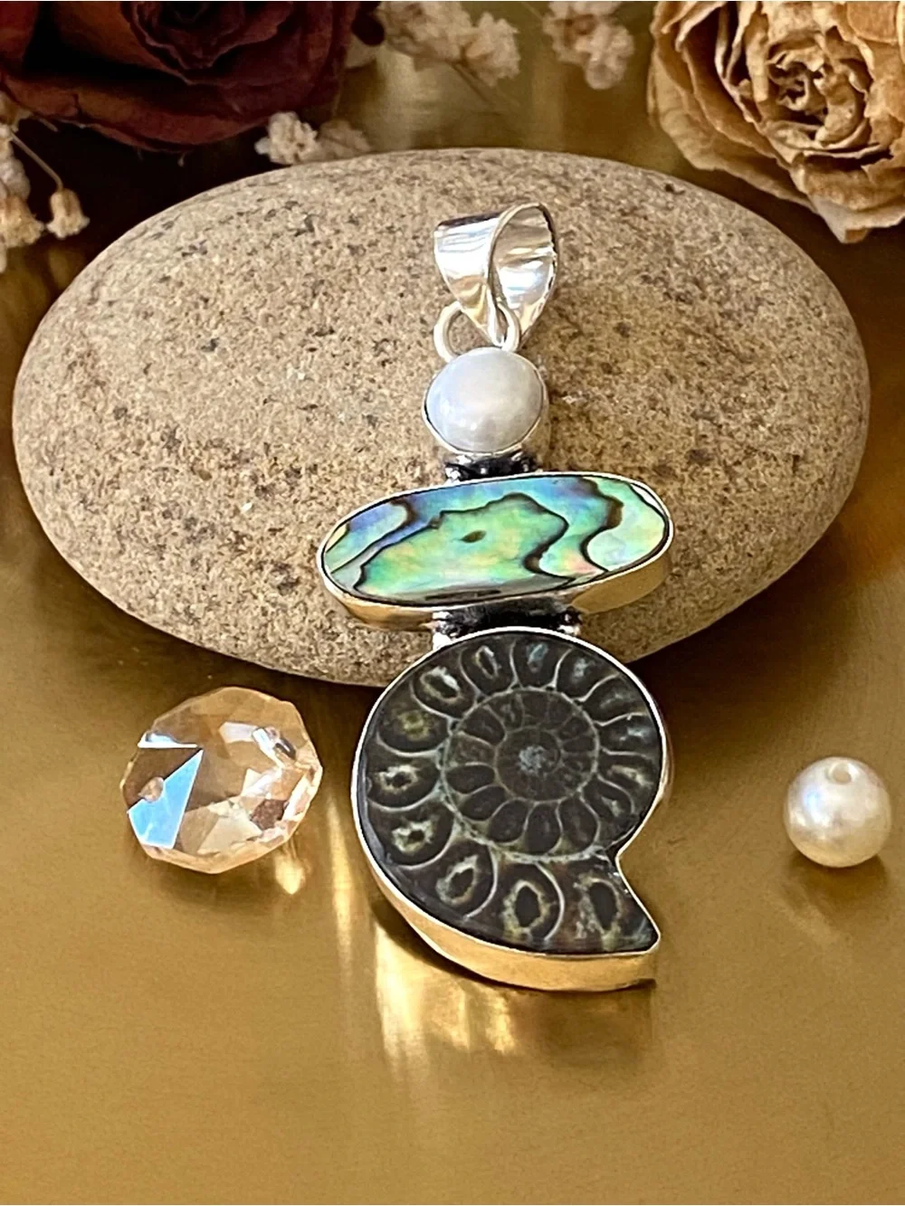 Ammonite Fossil, Abalone Shell And Pearl Pendant